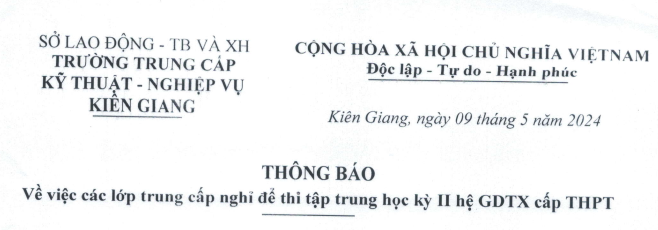 THÔNG BÁO CÁC LỚP TRUNG CẤP NGHỈ ĐỂ THI HK II HỆ GDTX CẤP THPT