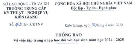 THÔNG BÁO TẬP TRUNG HỌC ĐỐI VỚI HỌC SINH NĂM HỌC 2024-2025