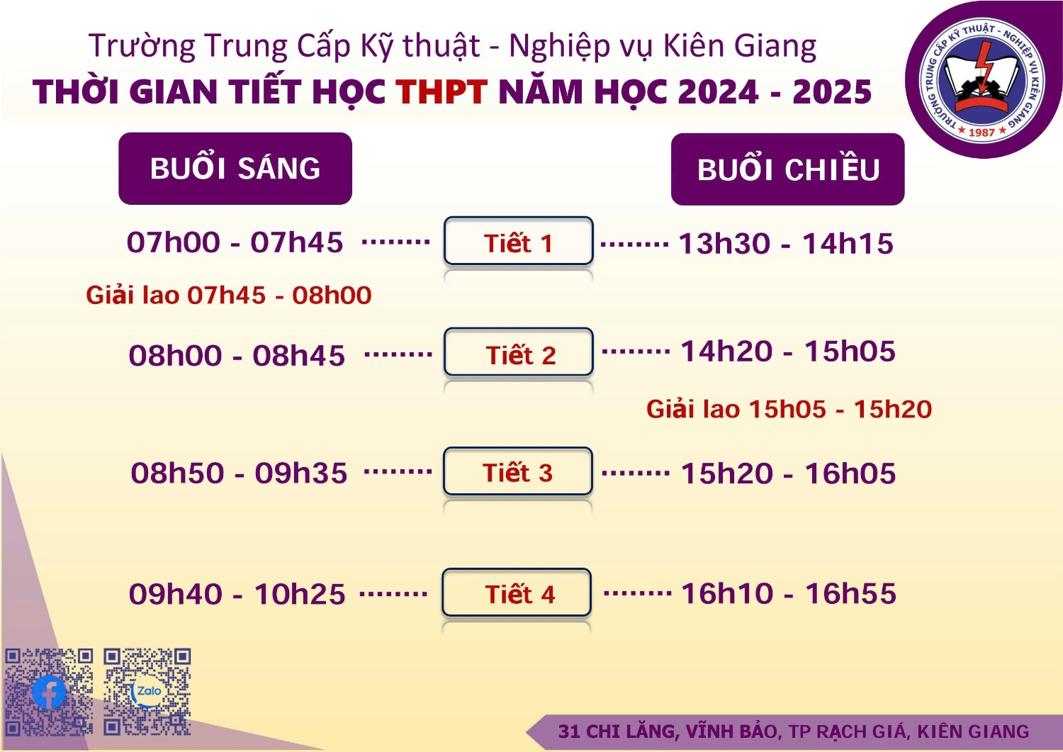 THỜI GIAN TIẾT HỌC THPT VÀ TRUNG CẤP NĂM HỌC 2024 - 2025