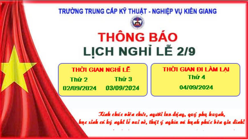 THÔNG BÁO LỊCH NGHỈ LỄ QUỐC KHÁNH 2/9