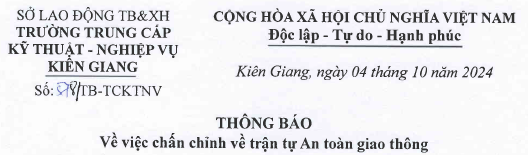 THÔNG BÁO V/v CHẤN CHỈNH VỀ TRẬT TỰ AN TOÀN GIAO THÔNG