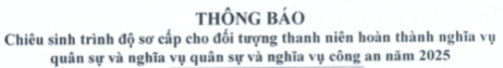 THÔNG BÁO CHIÊU SINH TRÌNH ĐỘ SƠ CẤP CHO ĐỐI TƯỢNG THANH NIÊN HOÀN THÀNH NGHĨA VỤ QUÂN SỰ